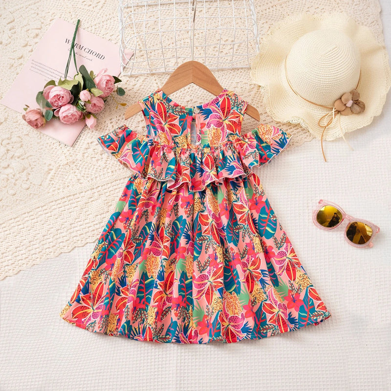 Girls Red Tropical Printed Fit & Flare Dress With Ruffle Detailing Casual Dresses