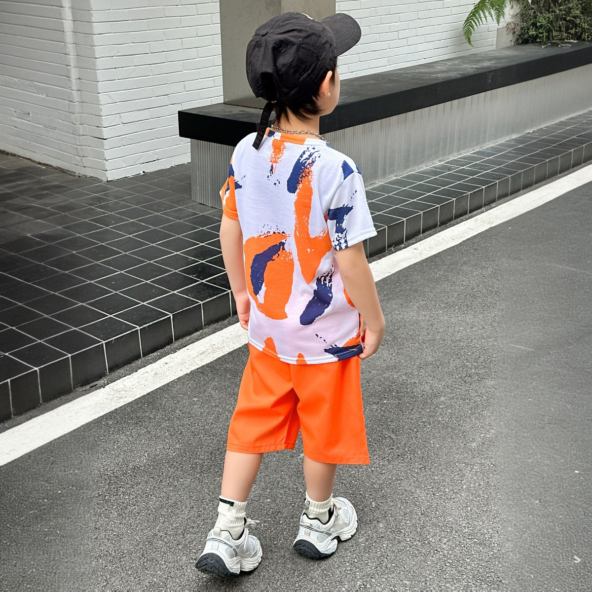 Boys Orange Abstract Printed Summer T-Shirt With Shorts Sets 2 pc. Sets