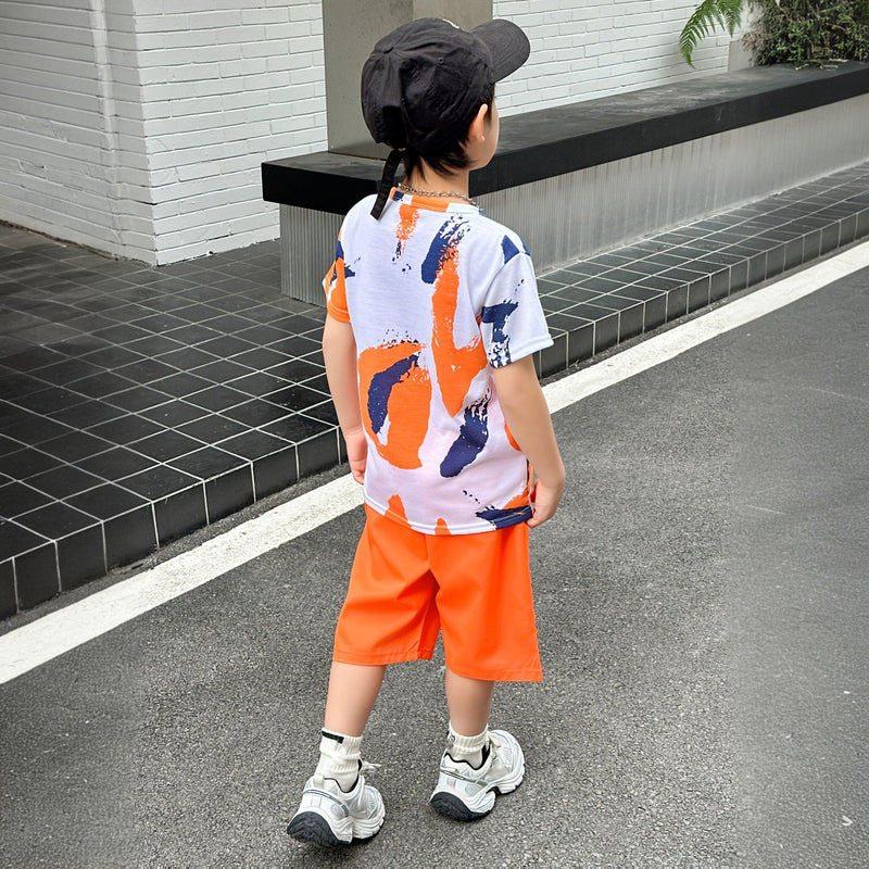 Boys Orange Abstract Printed Summer T-Shirt With Shorts Sets 2 pc. Sets