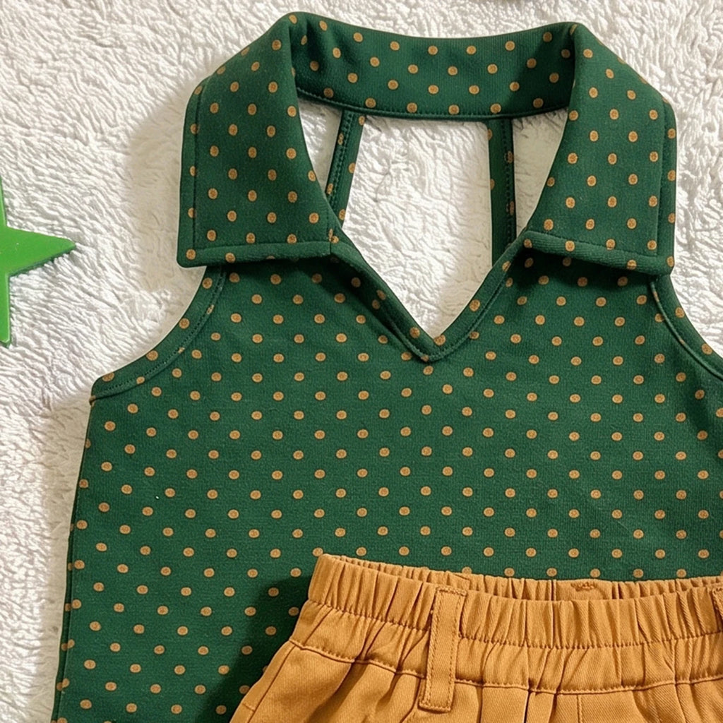 Girls Green Sleeveless Polka Dot Print Top With Skirt Sets 2 pc. Sets