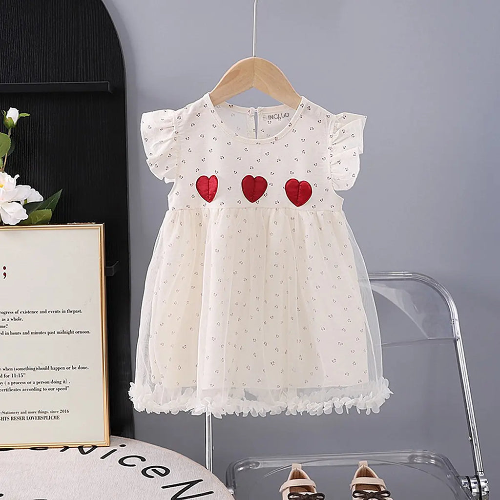 Girls Red Heart Applique A-Line Dress With Floral Print Tulle Overlay Casual Dresses Red 1-2 Y