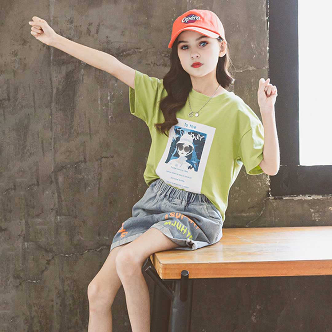 Girls Short Sleeve Graphic T-Shirt With Denim Shorts Set 2 pc. Sets   