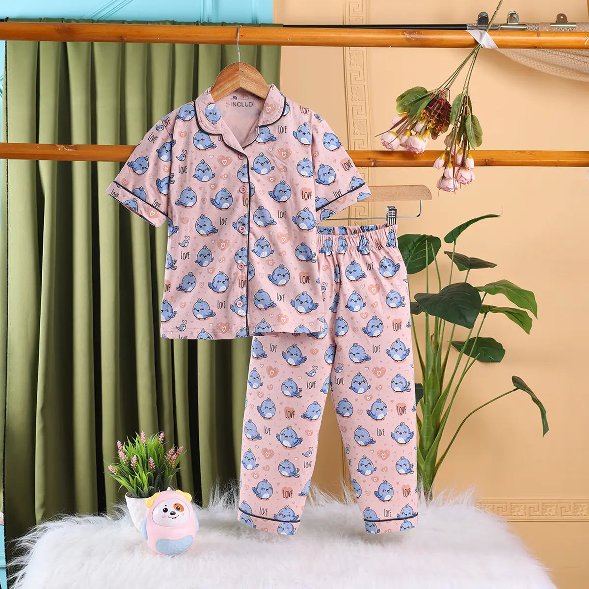 Girls Peach Bird Print Short Sleeve Shirt With Elasticated Pants Sets Sets Peach 2-3 Y