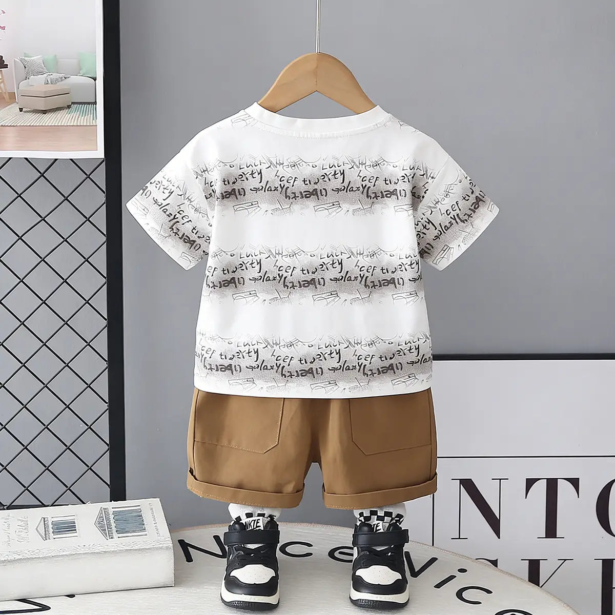 Boys Grey Short Sleeve Typographic Printed T-shirt With Elasticated Shorts Sets Sets