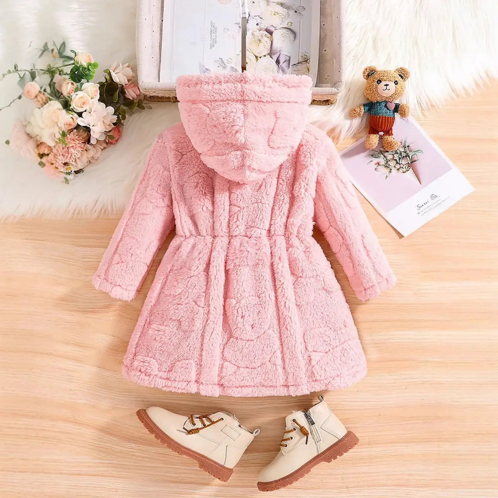 Girls Pink Fleece Hooded Jacket With Self-Design Bear Patterns Coats & Jackets