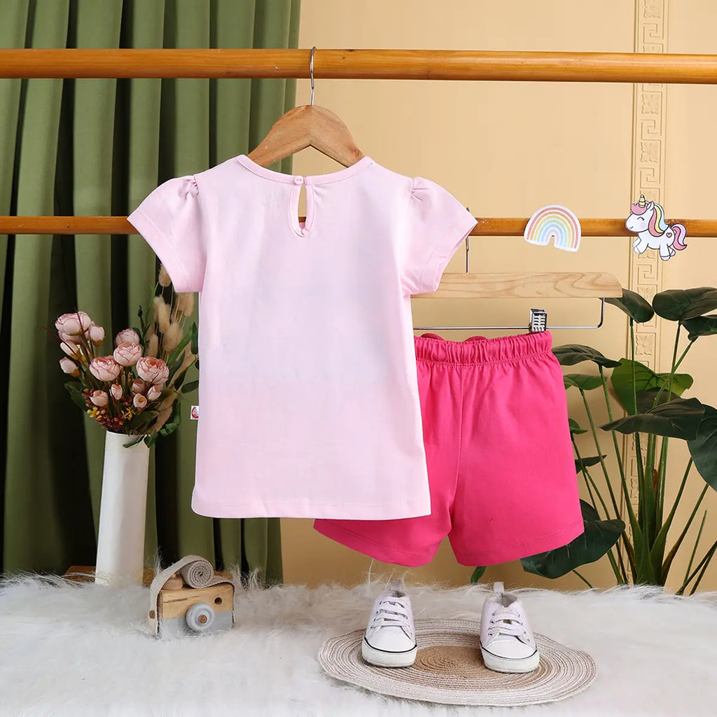 Girls Pink Mermaid Print Short Sleeves Top With Drawcord Shorts Sets Sets