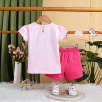 Girls Pink Mermaid Print Short Sleeves Top With Drawcord Shorts Sets Sets