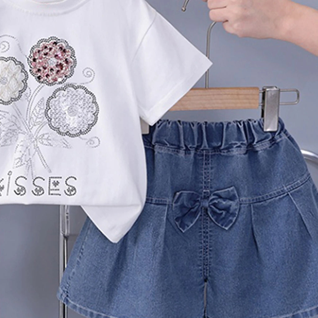 Girls White Floral Embellished T-Shirt With Pleated Denim Shorts Set Sets