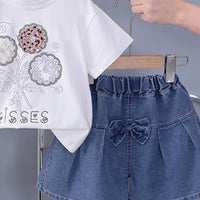 Girls White Floral Embellished T-Shirt With Pleated Denim Shorts Set Sets