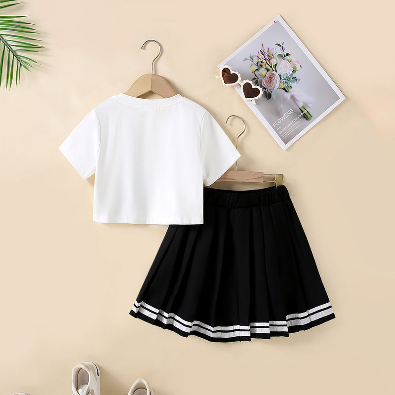 Girls Alphanumeric Printed Crop Top With Black Skirt 2 pc. Sets
