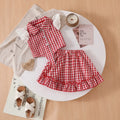 Girls Red Checked Eyelet Flutter Sleeve Top With Skirt Sets Sets Red 3-4 Y