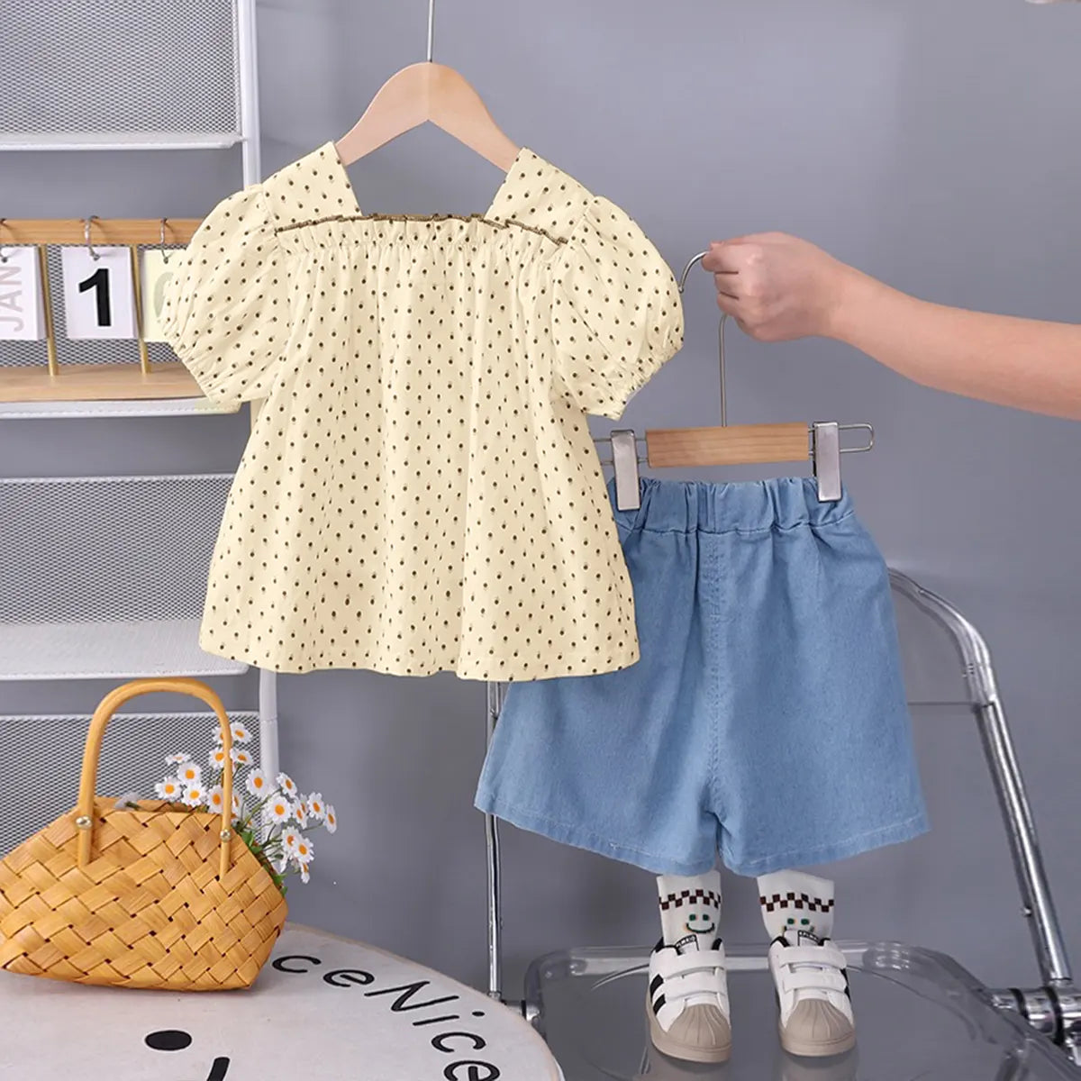 Girls Apricot Polka Dot Printed Puff Sleeve Top With Denim Shorts Sets 2 pc. Sets