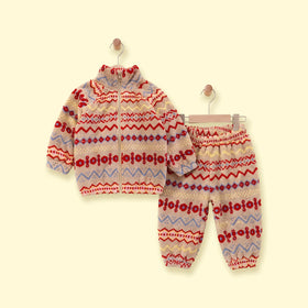 Girls Red Geometric Fleece Jacket & Pants Co-ord Sets Sets Red 1-2 Y