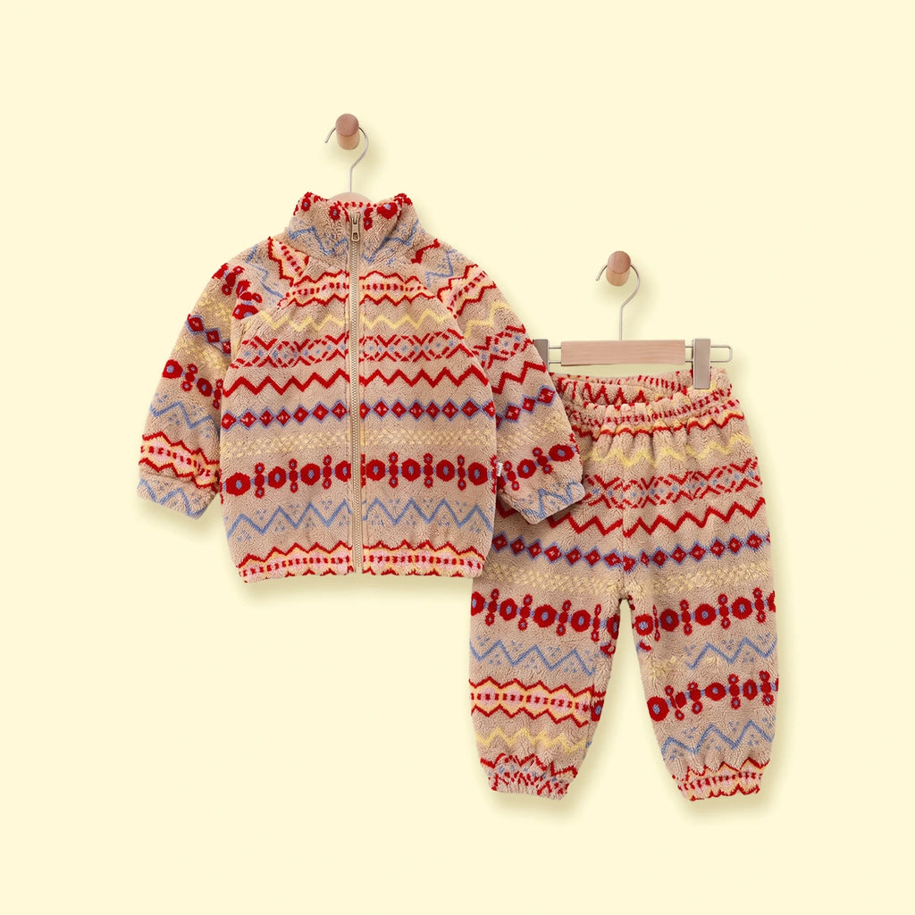 Girls Red Geometric Fleece Jacket & Pants Co-ord Sets Sets Red 1-2 Y