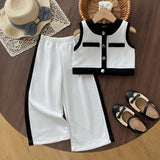 Girls White Colorblocked Button Down Top With Pants Sets