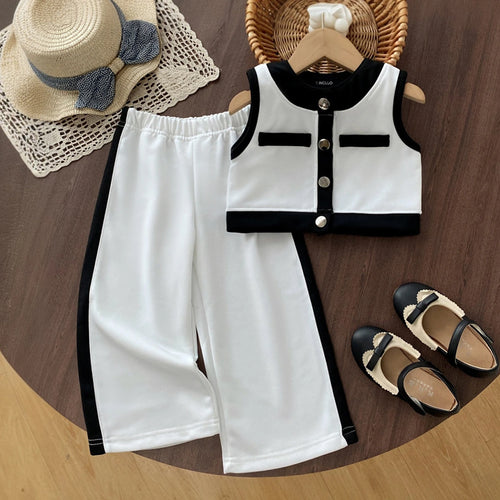 Girls White Colorblocked Button Down Top With Pants Sets 2 pc. Sets White 1-2 Y