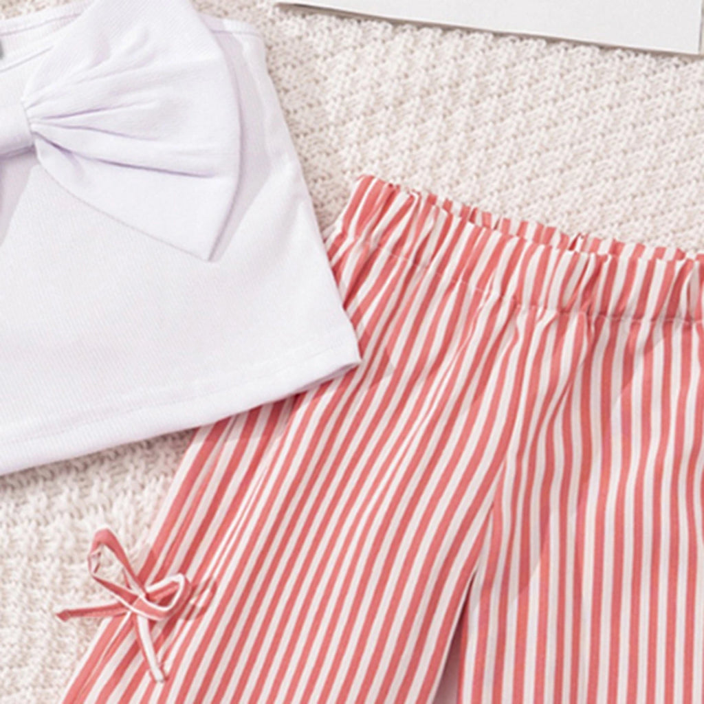 Girls Sleeveless Bow Applique Top With Pink Stripes Pants Set Sets