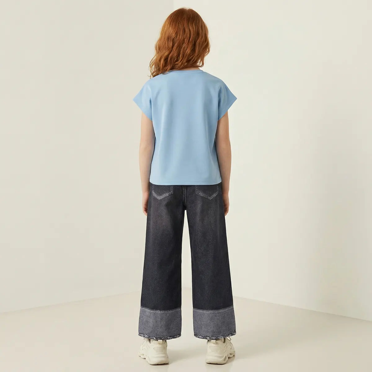 Girls Black Denim-Style Print Knitted Wide-Leg Pants Pants