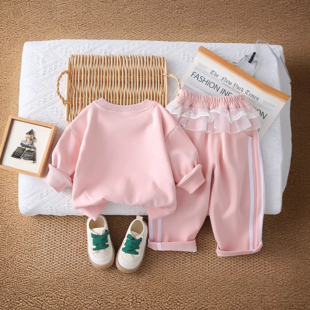 Girls Pink Bow Applique Sweatshirt With Pant Sets Sets