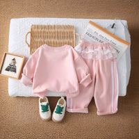 Girls Pink Bow Applique Sweatshirt With Pant Sets Sets
