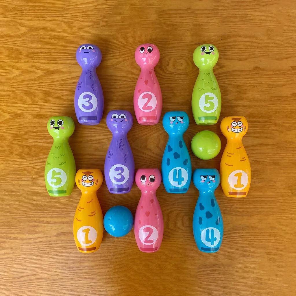 Colorful numbered bowling pins and balls for kids activity game