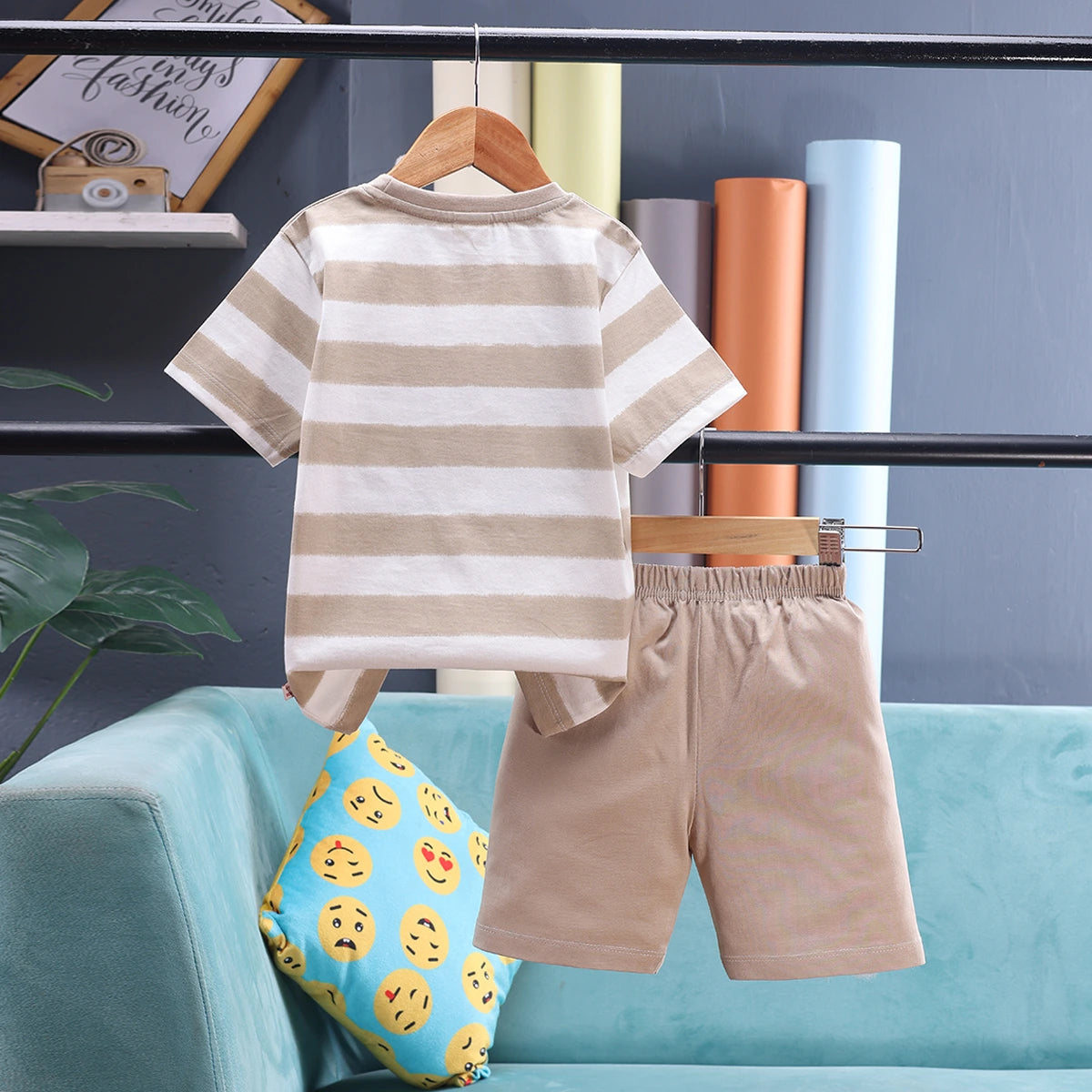 Boys Khaki Tropical Palm Print T-Shirt With Shorts Sets 2 pc. Sets