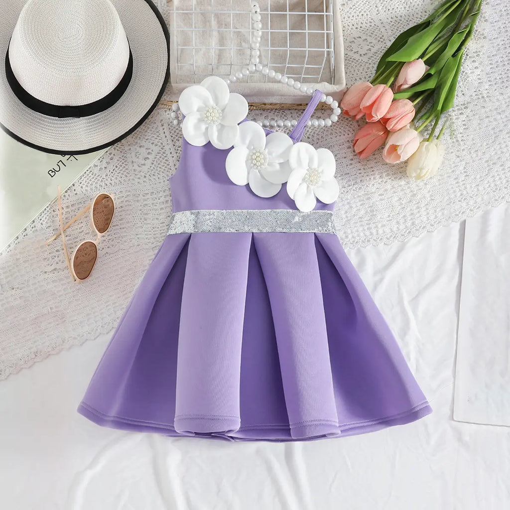 Girls Blue One Shoulder Fit & Flare Party Wear Dress With 3D Flowers Appliques Party Dresses Blue 2-3 Y