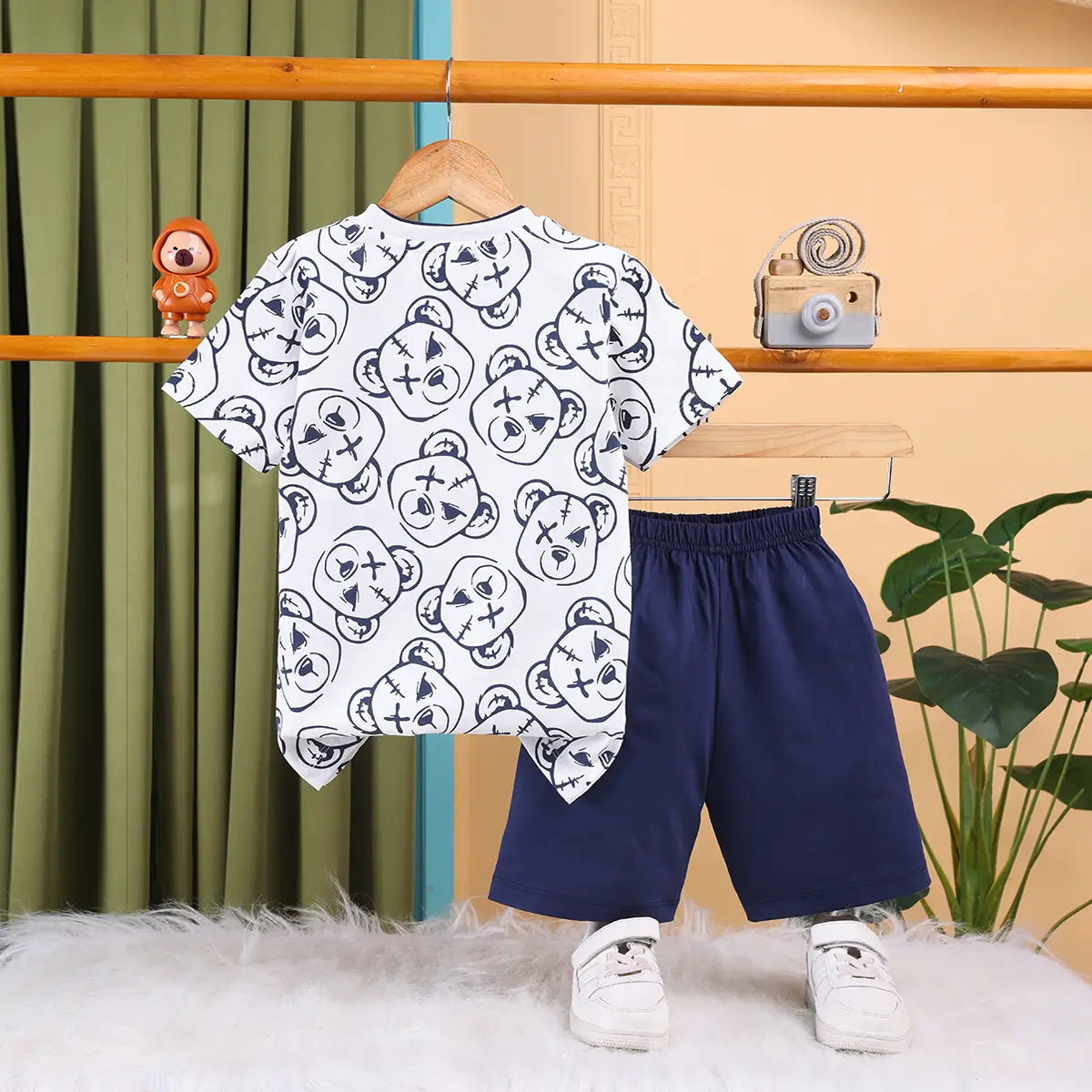 Boys Navy Blue Teddy Bear Print T-Shirt With Shorts Sets Sets