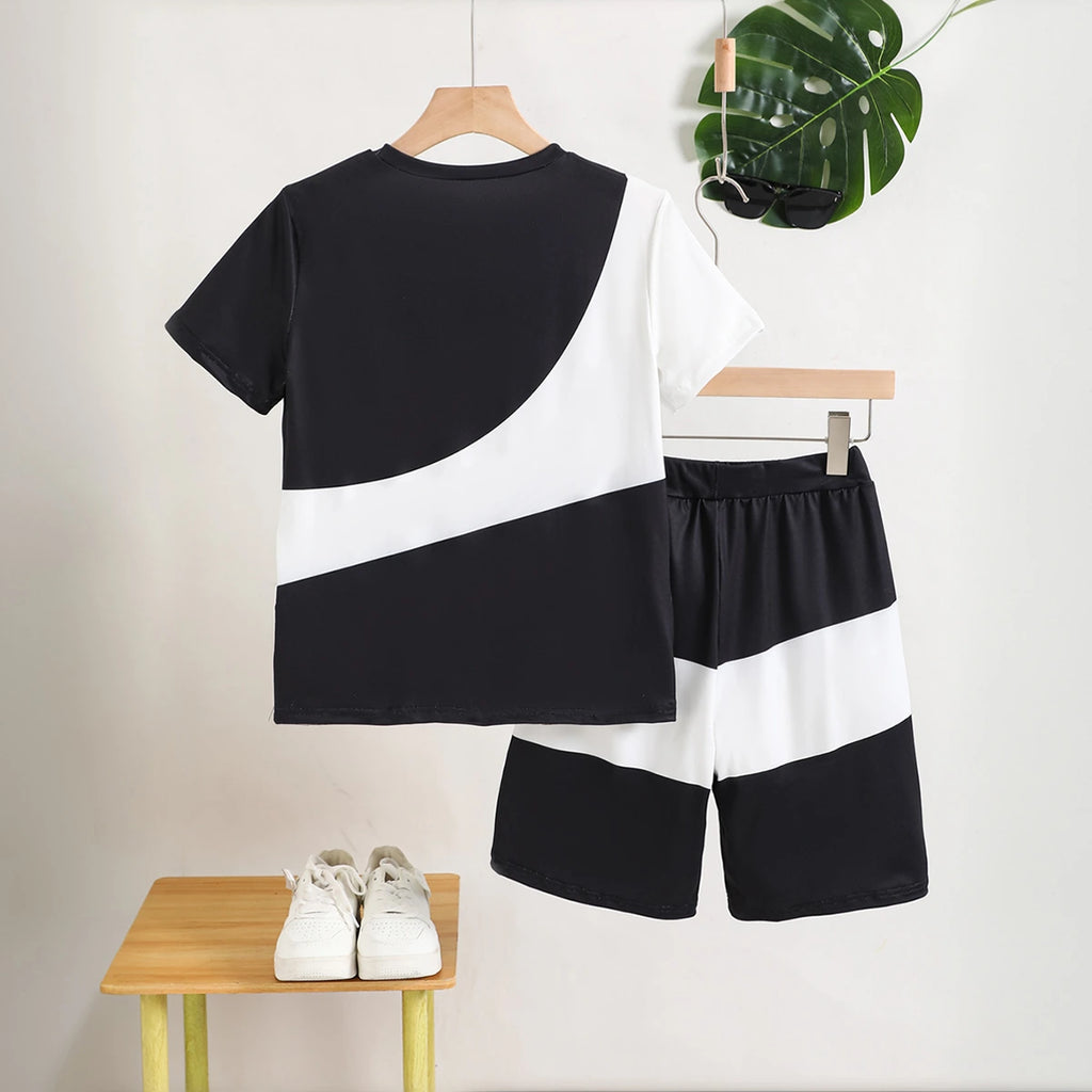 Boys Black Color-blocked Short Sleeves T-Shirt & Shorts Co-ord Sets Sets