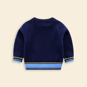 Boys Navy Blue Self-Design Dinosaur Pattern Knitted Sweater Sweaters & Cardigans