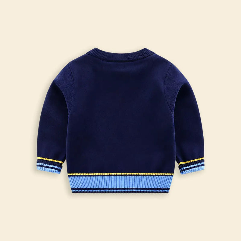 Boys Navy Blue Self-Design Dinosaur Pattern Knitted Sweater Sweaters & Cardigans