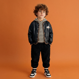 Boys Black Faux Leather Jacket With Striped Hooded Sweatshirt & Jogger Sets