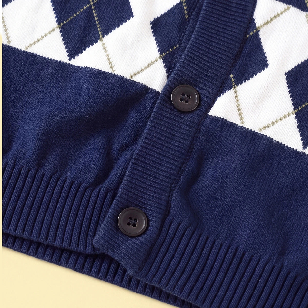 Girls Navy Blue Self-Design Argyle Pattern Button-up Cardigan Sweaters & Cardigans
