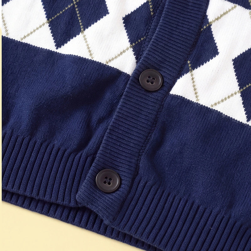 Girls Navy Blue Self-Design Argyle Pattern Button-up Cardigan Sweaters & Cardigans