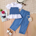 Girls Blue Short Sleeves Smocked Top With Wide-leg Pants Sets Sets Blue 2-3 Y