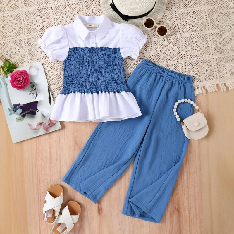 Girls Blue Short Sleeves Smocked Top With Wide-leg Pants Sets Sets Blue 2-3 Y