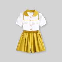 Girls Short Sleeve Peter Pan Collar Lace Top With Shorts Sets Yellow 4-5 Y 