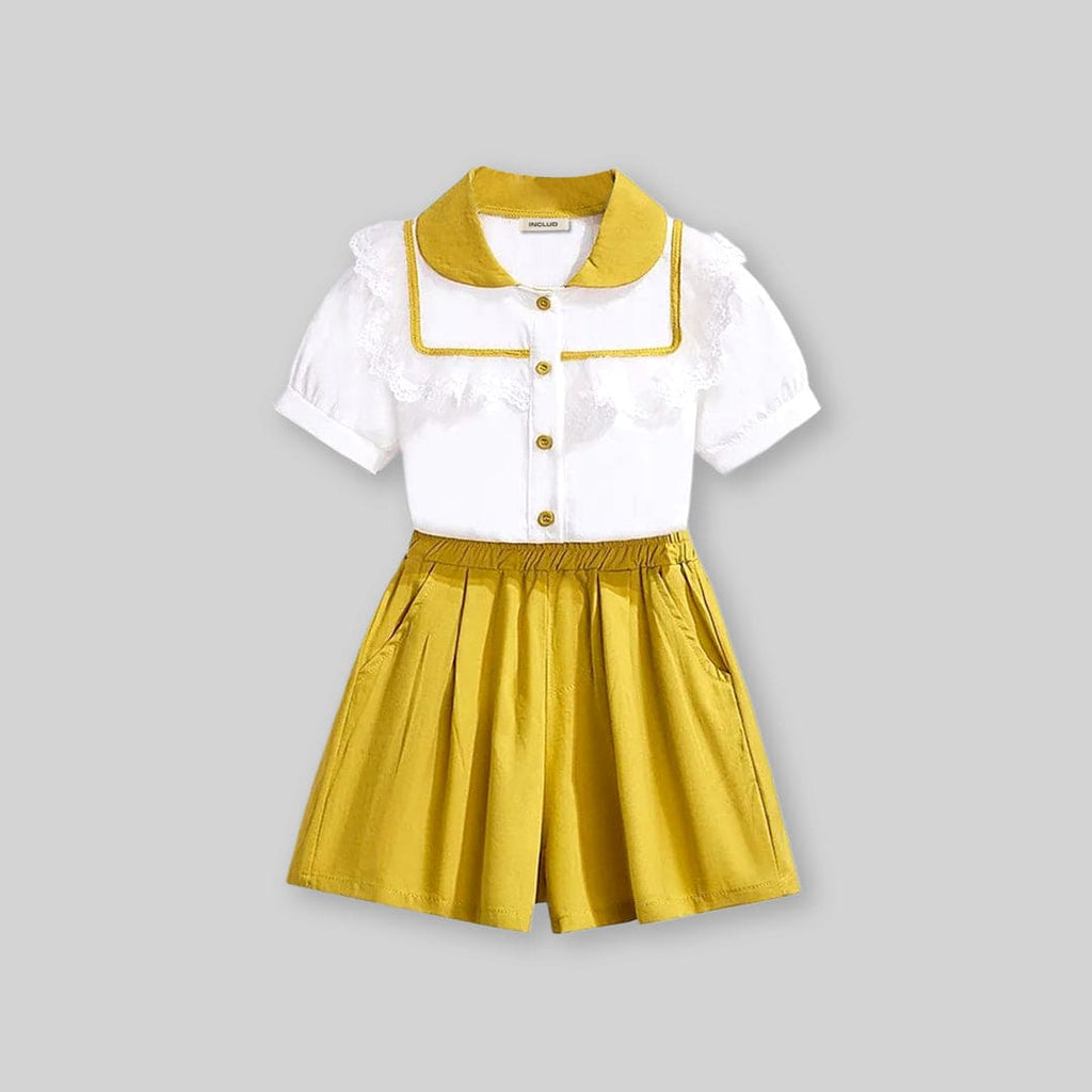 Girls Short Sleeve Peter Pan Collar Lace Top With Shorts