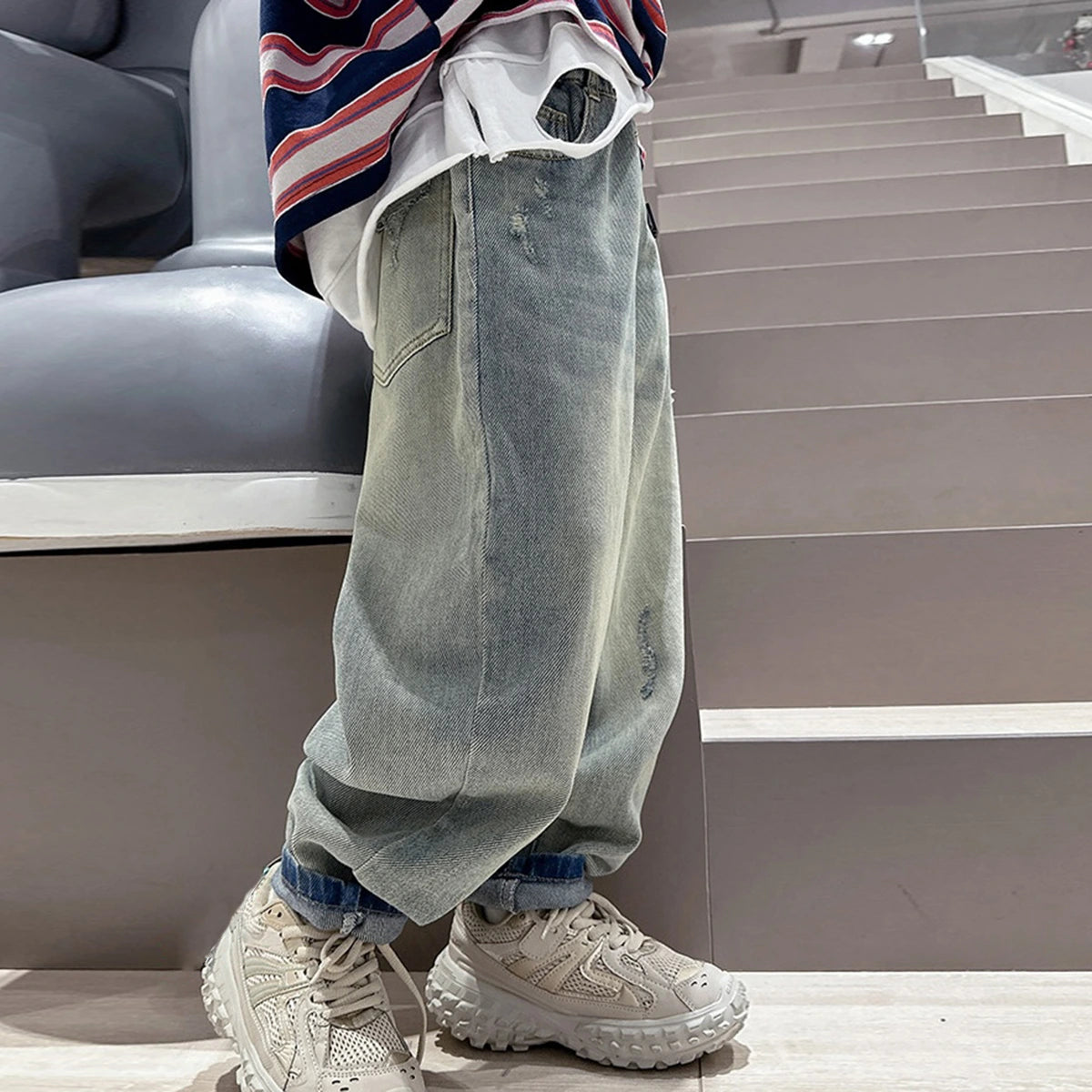 Boys Light Blue Embroidered Loose Fit Denim Jeans Pants