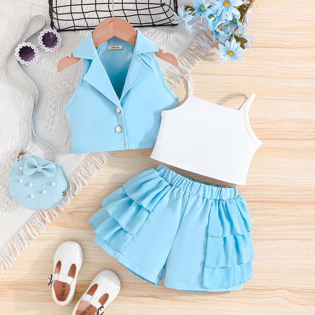 Girls Light Blue Waistcoat with Spaghetti Top & Tiered Ruffle Shorts Set 3 pc. Sets Light Blue 2-3 Y