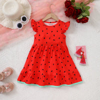 Girls Red Watermelon Print Fit & Flare Dress with Flutter Sleeves Casual Dresses Red 3-4 Y