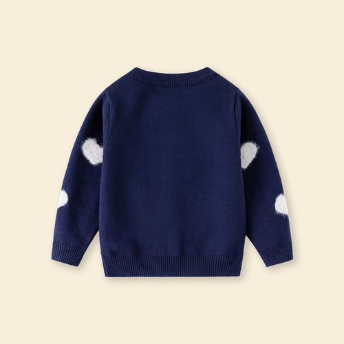 Girls Navy Blue Self Heart Design Winter Cardigan Sweaters & Cardigans