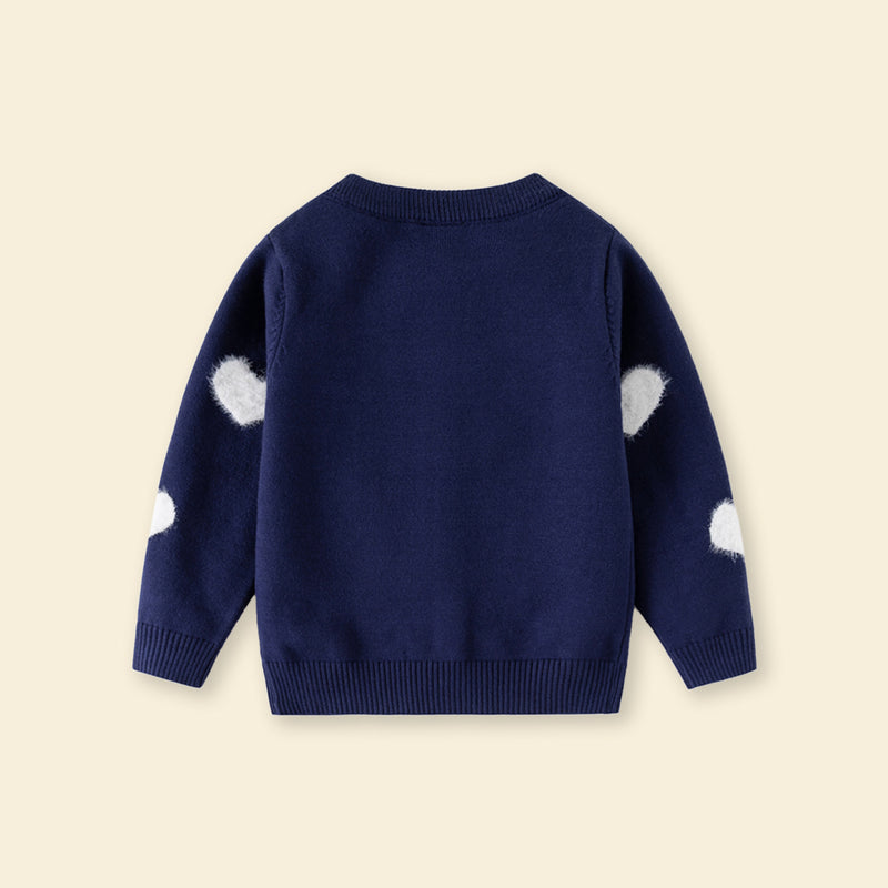 Girls Navy Blue Self Heart Design Winter Cardigan Sweaters & Cardigans
