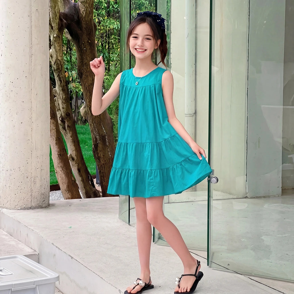 Girls Teal Blue Solid Sleeveless Tiered Dress Casual Dresses Teal 3-4 Y