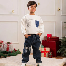 Boys White Typographic Printed Sweatshirt With Denim Pants Set Sets White 1-2 Y