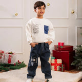 Boys White Typographic Printed Sweatshirt With Denim Pants Set