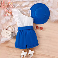 Girls White One-Shoulder Ribbed Top And Shorts Sets With Hat 2 pc. Sets
