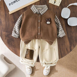 Boys Brown Sleeveless Cardigan With Long Sleeve Checked Shirt & Pants Set