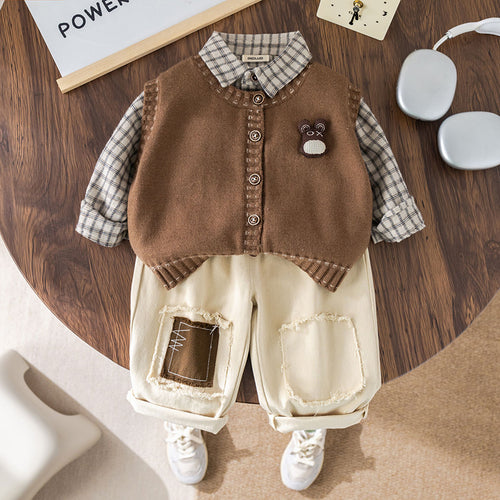 Boys Brown Sleeveless Cardigan With Long Sleeve Checked Shirt & Pants Set Sets Brown 1-2 Y