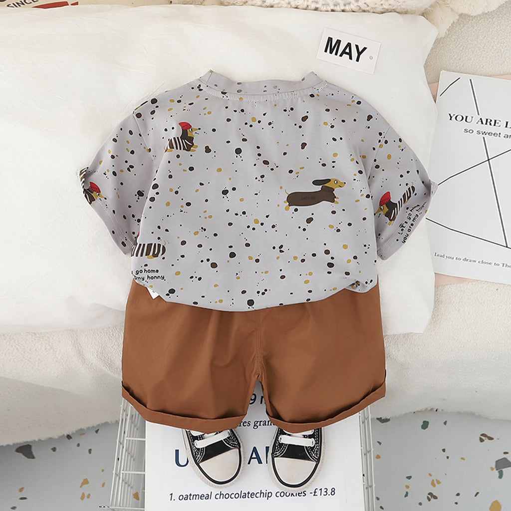 Boys Light Grey Puppy Printed Short Sleeves T-Shirt With Shorts Set 2 pc. Sets